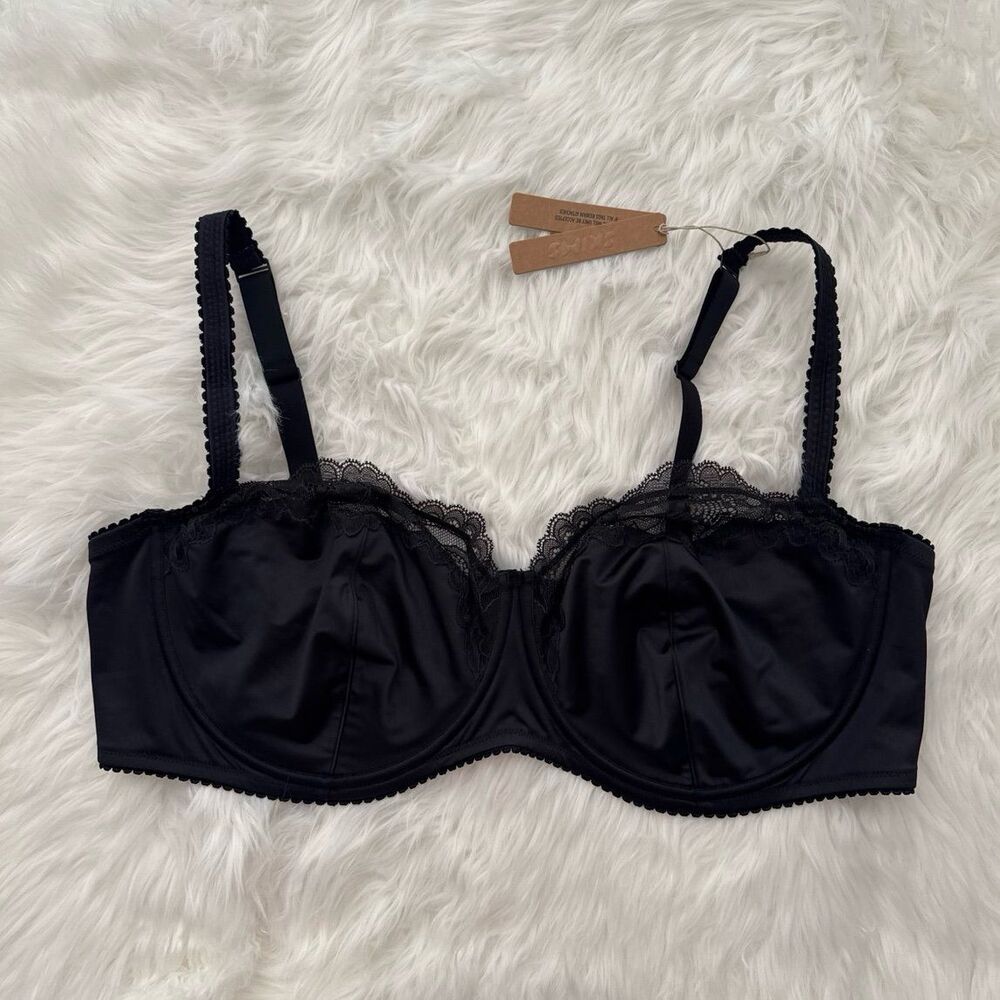 Skims Stretch Satin Lace Unlined Balconette Bra Onyx Size 44DD